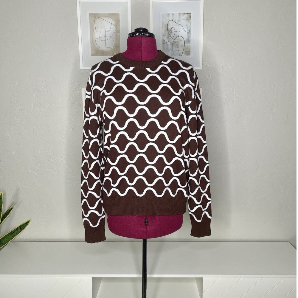 United Colors of Benetton Sweater Mens L Brown Wavy Geometric Crewneck Knit